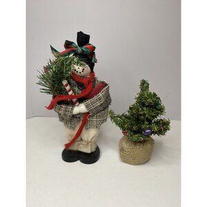 Primitive Snowman Hobo Rag Doll Figurine Twig Tree Handmade Folk Art Xmas Rustic